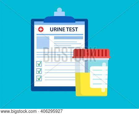 Urine Test Plastic Jar And Medical Lab Analysis Form List With Results Data. Medical Urine Test Reco
