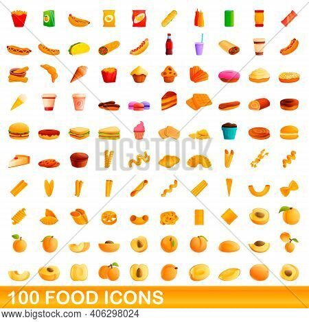 100 Food Icons Set. Cartoon Illustration Of 100 Food Icons Vector Set Isolated On White Background