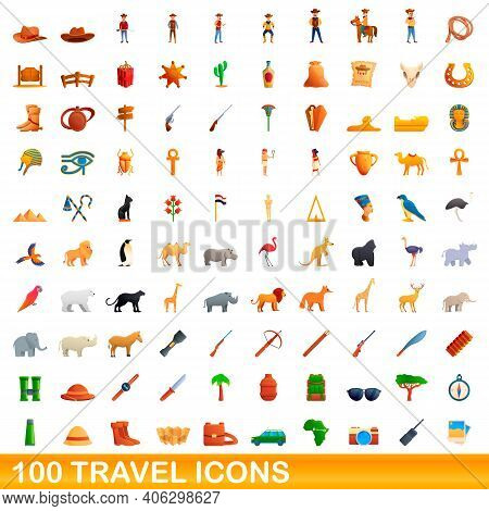 100 Travel Icons Set. Cartoon Illustration Of 100 Travel Icons Vector Set Isolated On White Backgrou