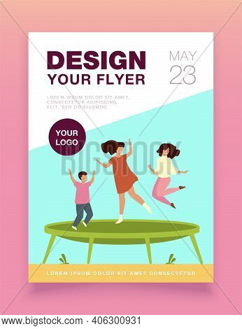 Happy Friends Jumping On Trampoline Flat Vector Illustration. Cartoon People Having Fun And Bouncing