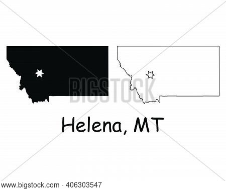Montana Mt State Map Usa With Capital City Star At Helena. Black Silhouette And Outline Isolated On 