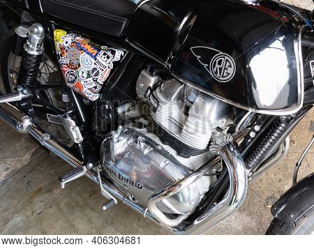 Bordeaux , Aquitaine  France - 02 02 2021 : Royal Enfield Motorcycle Classic Logo Sign On Black Tank