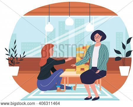 Women Playing Jenga At Home Cartoon Vector Illustration Cozy Living Room Atmosphere In Evening. Daug