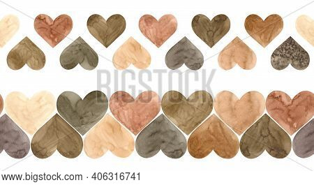Watercolor Illustration Of Two Brown Hearts Seamless Borders. Valentines Day Endless Header. Scandin