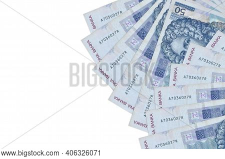 50 Croatian Kuna Bills Lies Isolated On White Background With Copy Space. Rich Life Conceptual Backg