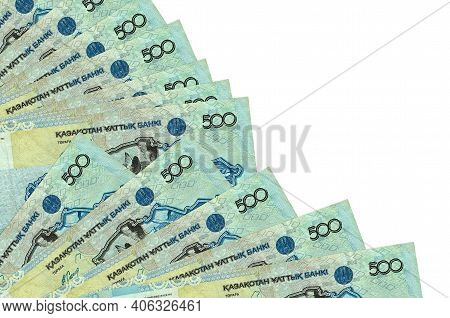 500 Kazakhstani Tenge Bills Lies Isolated On White Background With Copy Space Stacked In Fan Close U