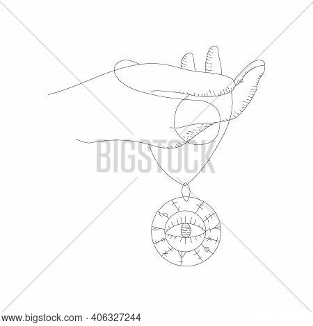 Vector Doodle Illustration Of Hand With Amulet. Esoteric Jewellery. Talisman.