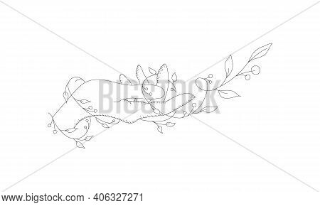 Doodle Vector Black And Withe Illustration Of Hand With Winding Flowers. Line Art Of Hand And Ivy Fl