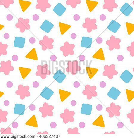 Geometrical Shapes Seamless Pattern For Kids Textile, Wallpaper. Cute Pink Star, Yellow Triangle, Bl