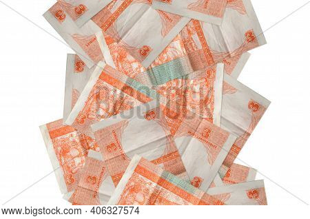 3 Cuban Pesos Convertibles Bills Flying Down Isolated On White. Many Banknotes Falling With White Co