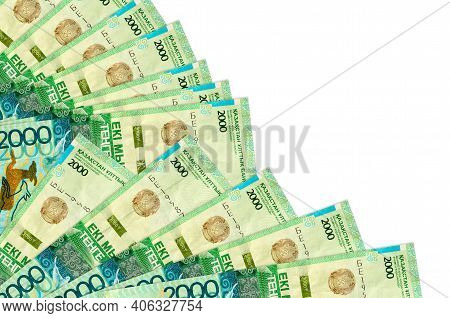 2000 Kazakhstani Tenge Bills Lies Isolated On White Background With Copy Space Stacked In Fan Close 