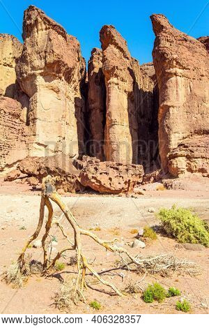 Solomon pillars of Timna park. The Timna Valley in the south of the Arava Desert, near the resort of Eilat. Magnificent sandstone rocks. Israel. Hot November day. 