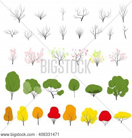 Tree Set On Doodles Vector Any Season Winter, Spring, Summen And Autumn. Flat Style
