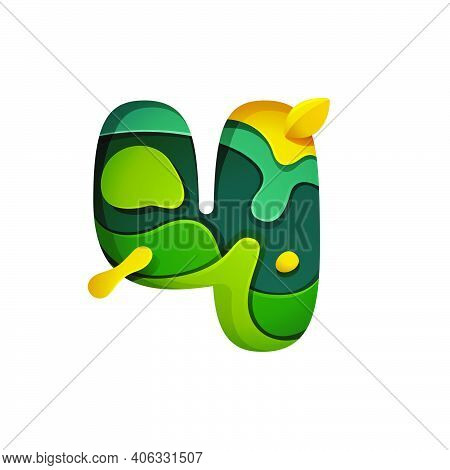 Paper Cut Number Four Logo. Layer Carving Style Effect Icon. Green Origami Element Perfect For Agric