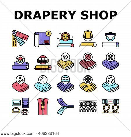 Drapery Shop Sale Collection Icons Set Vector. Felt And Velvet, Acrylic And Atlas, Silk And Satin, L