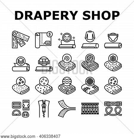 Drapery Shop Sale Collection Icons Set Vector. Felt And Velvet, Acrylic And Atlas, Silk And Satin, L