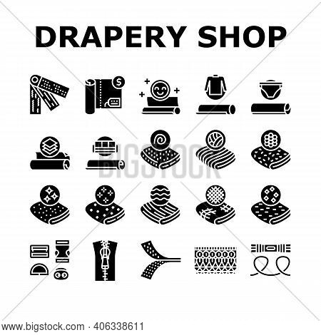 Drapery Shop Sale Collection Icons Set Vector. Felt And Velvet, Acrylic And Atlas, Silk And Satin, L