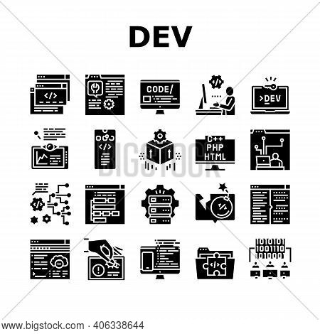 Dev Code Occupation Collection Icons Set Vector. Dev Application And Software, Hacking And Coding, D