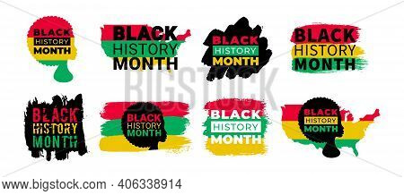 Black History Month. Vector African American History Designs Set With African Woman, Text, Usa Ameri