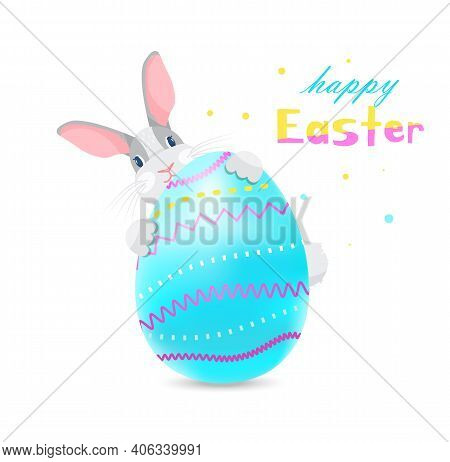 Easter Bunny Peeking From Behind Big 3d Colorful Egg. Happy Easter Vector Greeting Card.