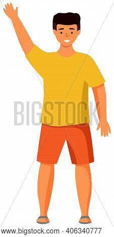 Boy Putting Up Hand To Gain Attention Isolated On White Background. Young Man Dressed In Summer Clot