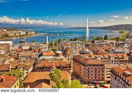 Geneva Skyline Cityscape, French-swiss In Switzerland. Aerial View Of Jet Deau Fountain, Lake Leman,