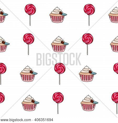 Seamless Vector Sweets Patterns. Stock Repeat Pattern With Lollipop And Cupcake On White Background.