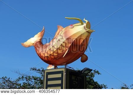 Hoi An, Vietnam, February 3, 2021: Decorative Fish On The Bridge Over The Thu Bon River In Hoi An, V