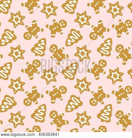 Seamless Vector Ginger Cookies Pattern On Pink Background. Christmas Sweets Repeat Pattern