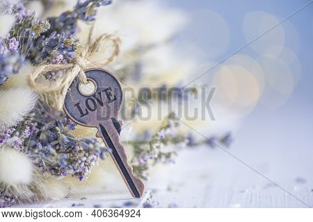 Delicate Postcard With Flowers, Lavender With Text Love. With Copy Space. Happy Valentine's Day, Mot