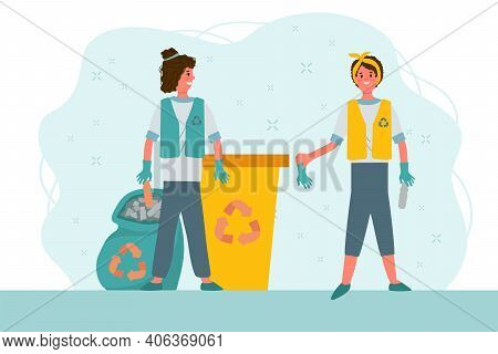 Sorting Waste By People. A Girl And A Guy Clean Up The Waste For Recycling. Plastic, Metal, Paper. E