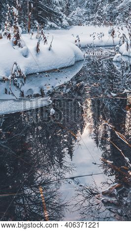 Green Wellspring, The Source Of Natural Mineral Water In The Forest Of Mari El, Russia, Winter Natur