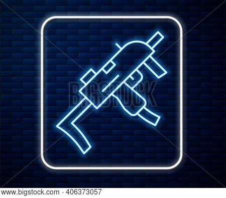Glowing Neon Line Mp9 Submachine Gun Icon Isolated On Brick Wall Background. Automatic Weapon. Vecto
