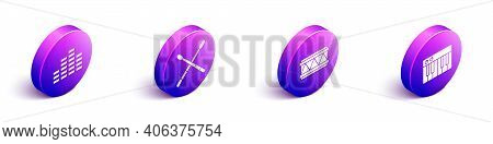 Set Isometric Music Equalizer, Drum Sticks, Drum And Music Synthesizer Icon. Vector
