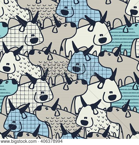 Seamless Pattern With Oxen, Chinese Zodiac Animal For 2021. Bulls In Cartoon Style. Perfect Design F