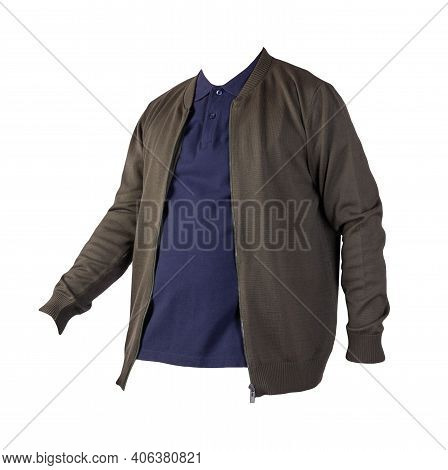 Dark Green Men's Knitten Bomber Jacket And Dark Blue  Shirt Isolated On White Background. Fashionabl