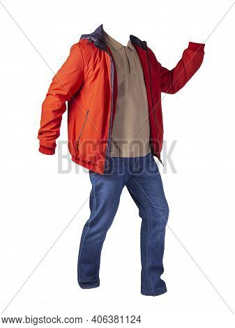 Red  Jacket,beige Shirt And Blue Jeans Isolated On White Background. Casual Fashion Clothes