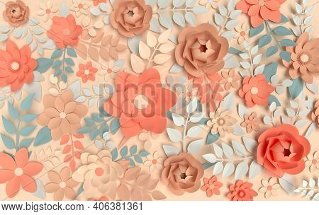 Paper Elegant Pastel Colored Flowers On Beige Background. Valentine's Day, Easter, Mother's Day, Wed