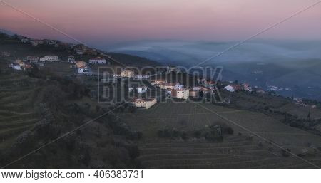 Douro Valley River Near The City Of Regua At Sunset In Early Spring On The Hills