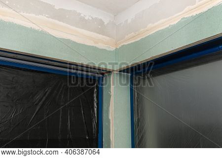 Installation For External Roller Shutters Made Of Plasterboard Inside The Building, Windows Are Cove