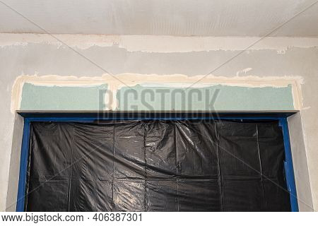 Installation For External Roller Shutters Made Of Plasterboard Inside The Building, Windows Are Cove