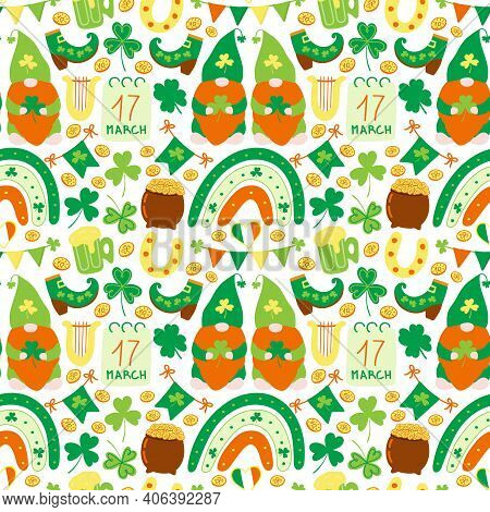 Patricks Day Vector Seamless Pattern. With Green Irish Gnomes, Flags And Shamrock, Rainbow And Pot O
