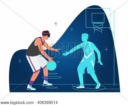 Vr Workout And Sport Concept Vector Illustration. Man In Vr Headset Playing Basketball With Virtual 