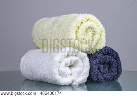 Towels, Close Up Of Rolled White And Blue Fluffy Towels, Beauty And Massage Spa Concept, Luxury Hote