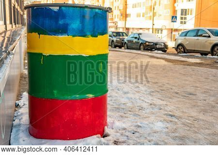 Creative Multi-colored Barrel Ashtray Near The Bar, Rainbow Colored Barrel, Lgbt Colors