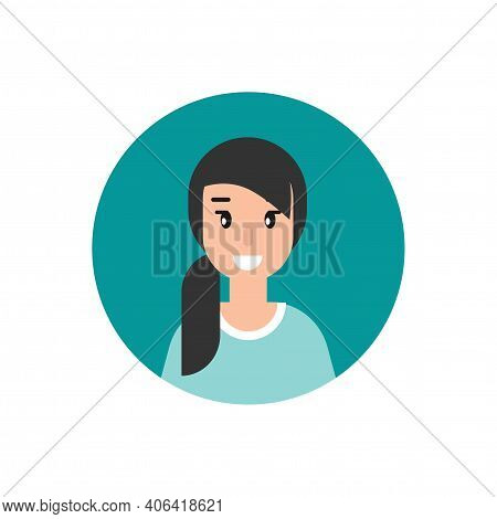 Girl With Smile Avatar. Cute Happy Woman Face Flat Icon In Blue Circle Isolated On White. Person Cha