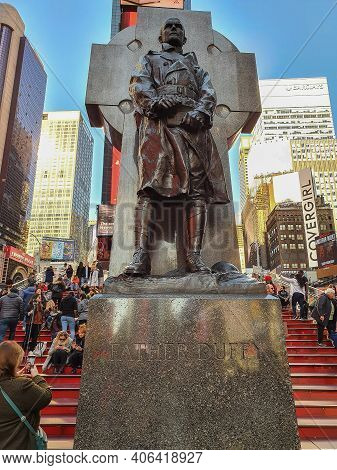 New York, Manhattan, Usa - March 8, 2020: Statue Of Father Duffy, Located In Duffy Square-the Northe