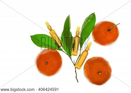 Vitamin C Injection.a Solution Of Vitamin C In Brown Glass Ampoules Set And Citrus Fruit Isolated On