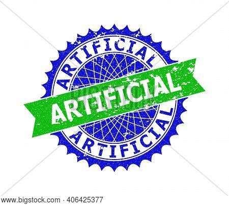 Vector Artificial Bicolor Stamp Seal With Distress Texture. Blue And Green Colors. Flat Seal Stamp W