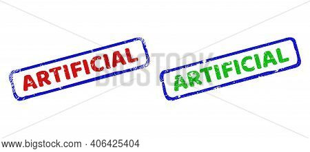 Vector Artificial Framed Imprints With Grunged Surface. Rough Bicolor Rectangle Stamps. Red, Blue, G